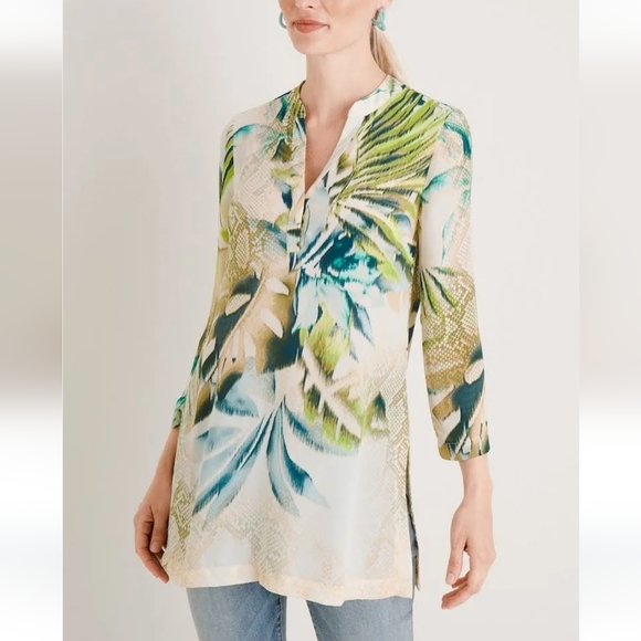 Chico's Tops - Chico's Tropical Fauna Olive Snake Pattern Tunic Top Womens Size 2 Large